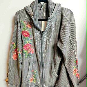 Sundance Women's Hooded Zipper Floral Appliqued Sweater/ Sweatshirt L NWT